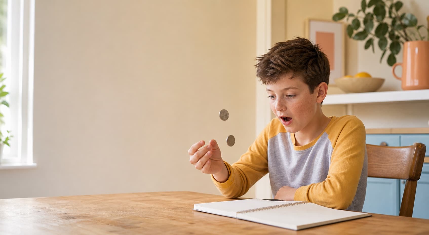 A young learner exploring probability with two coins