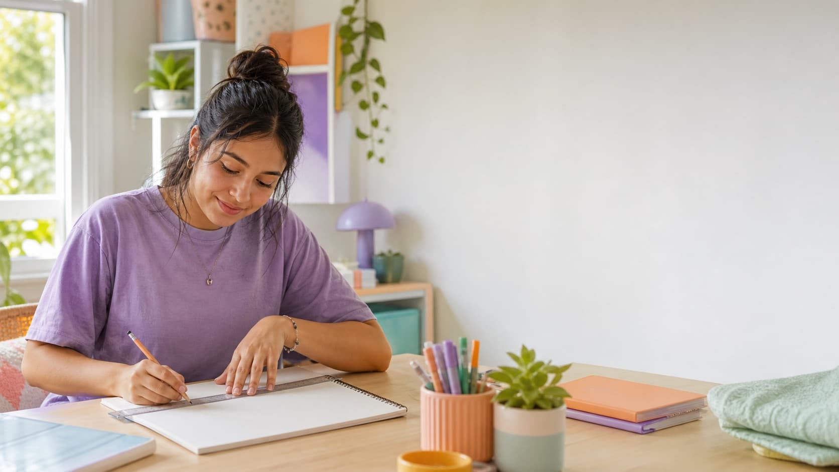 A learner using a ruler and pencil at a bright study desk